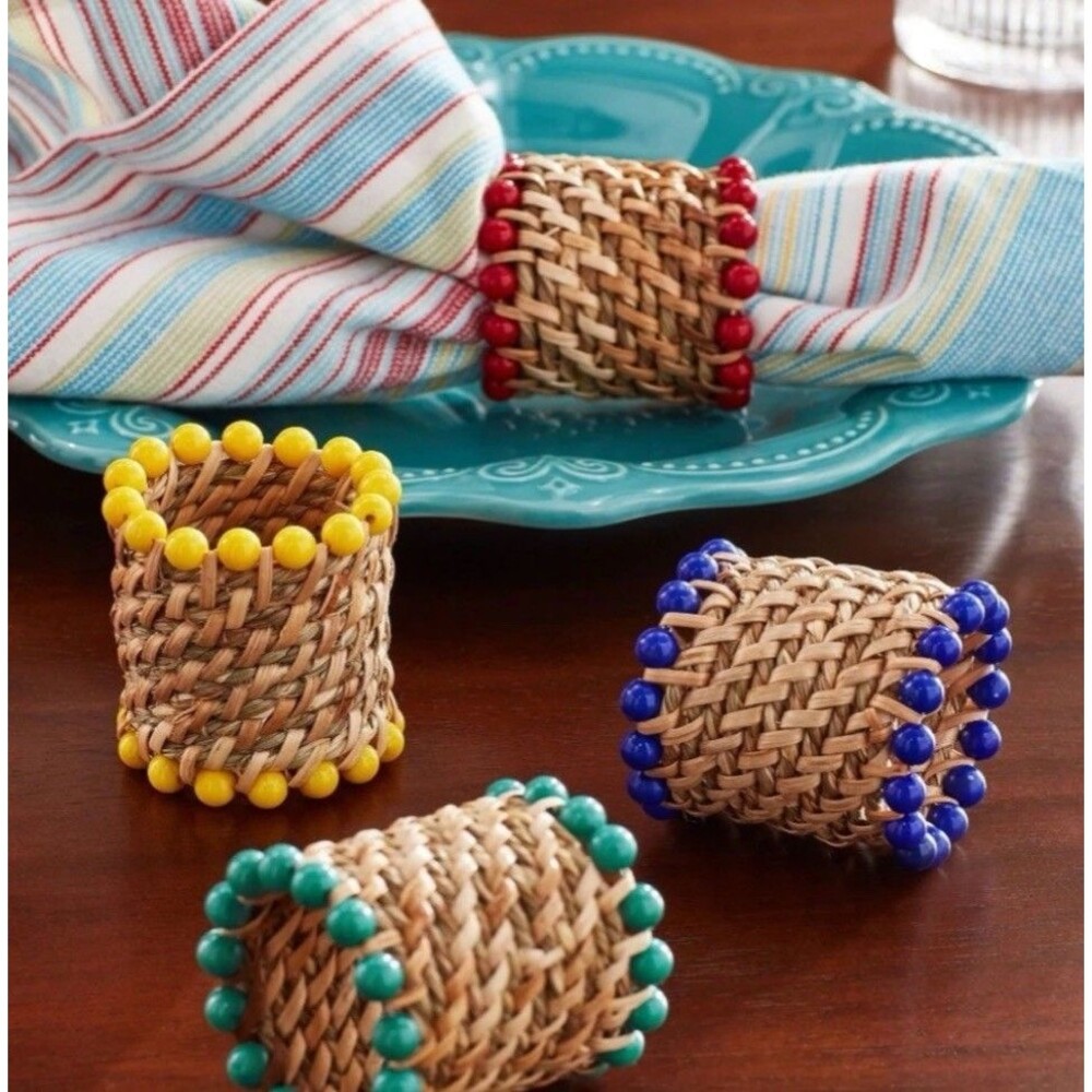Pioneer Woman Beaded Rattan Napkin Rings 4 2" x 2"  Cottagecore Country NEW NIB